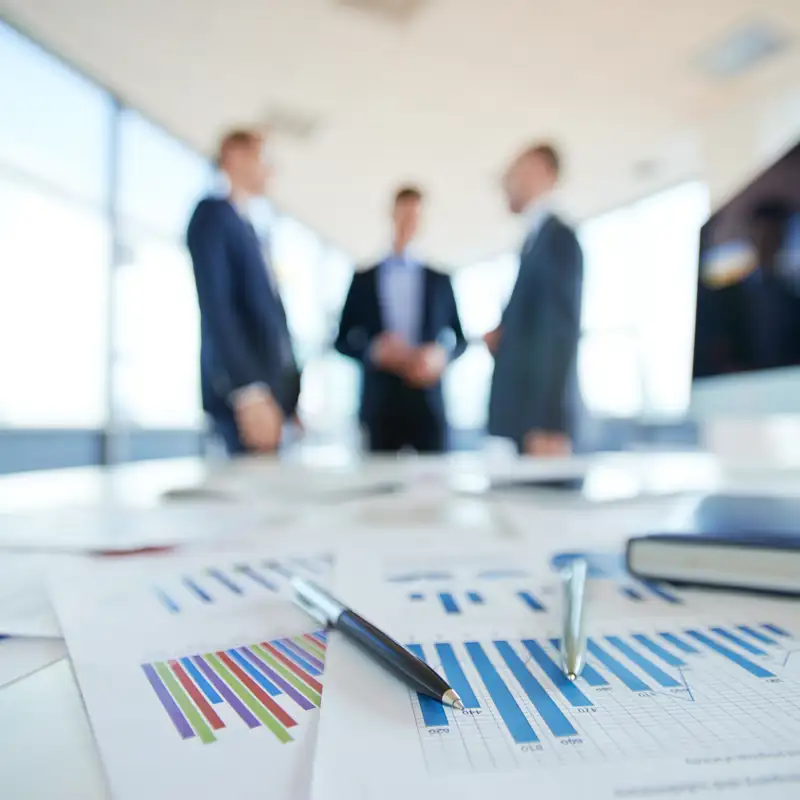Documents on office table and three people talking in the background